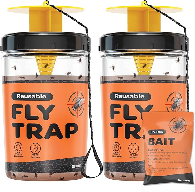 Outdoor Fly Trap [Set of 2] Fly Traps with Dissolvable Non-Toxic Bait - Fly Repellent for Outdoor Use Only - Controls Flies for Patios, Barns, Ranches Etc. Hanging Fly Traps with Tie Included