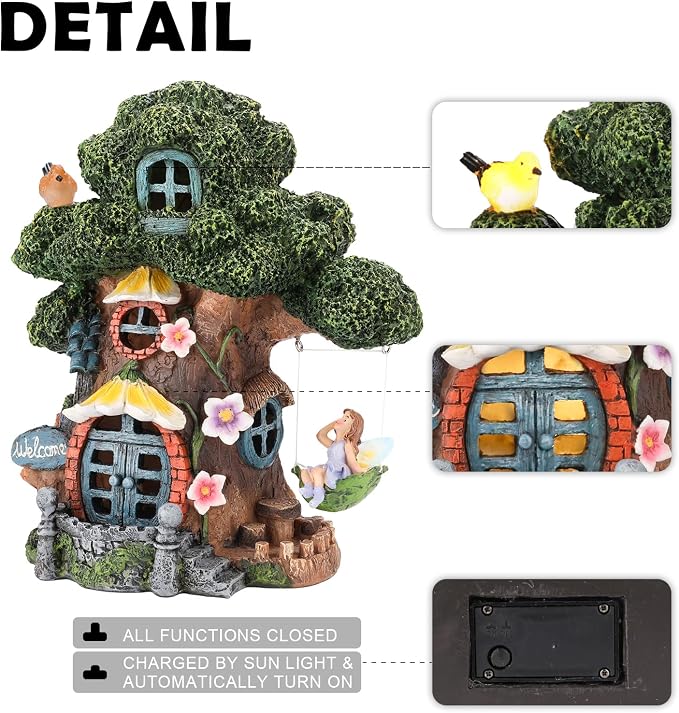 Fairy House Garden Outdoor Decor, Large Garden Gnome House and Fairy Figurines with Solar Lights Waterproof Resin Ornaments Decorations for Patio Yard Lawn
