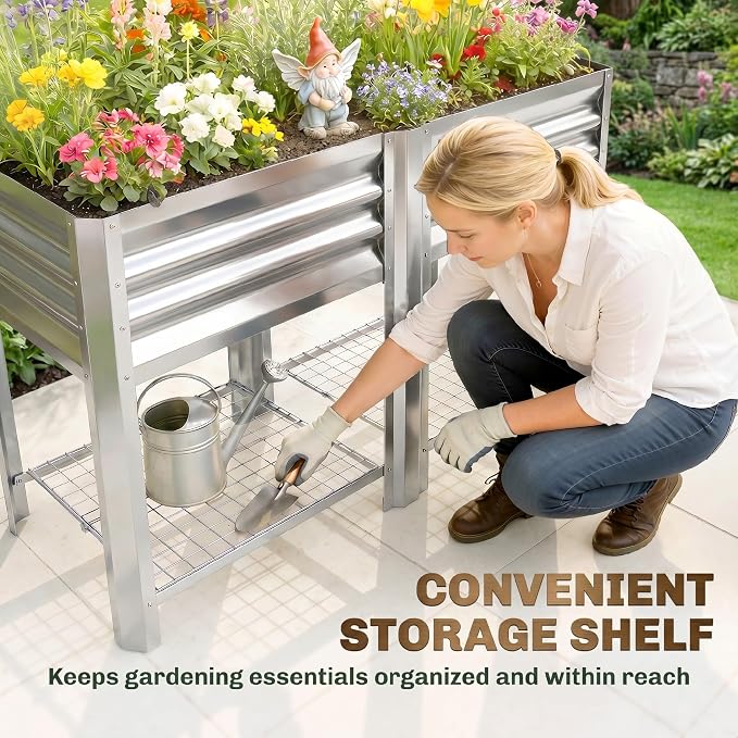 Outsunny Galvanized Steel Raised Garden Bed with Storage Shelf and Bed Liner, Elevated Planter Box with Legs for Flowers, Vegetables, and Herbs, for Outdoor Patio Yard, Glove Included, Silver