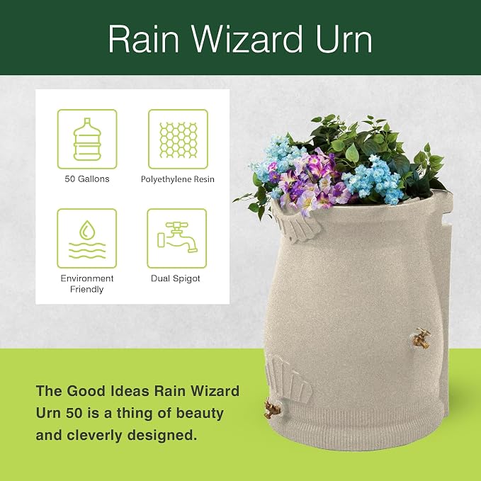 Good Ideas RWURN50-SAN 50 Gallon Rain Saver Wizard Barrel Water Storage Urn with Planter Space and 2 Brass Spigots, Sandstone