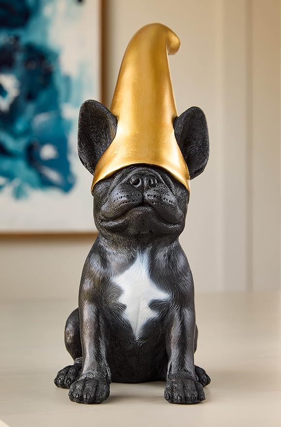 Frenchie Gnome - Black Frenchie Statue with Gold Hat | Doodle Gnome Cute French Bulldog Decor Garden Gnome