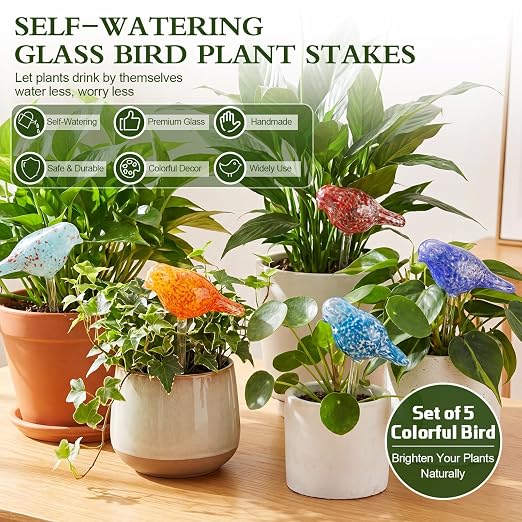 Duraaamo Self Watering Plant Globes Set of 5 - Bird Shaped Multicolor Hand Blown Glass Watering Bulbs, Automatic Plant Accessories Devices for Indoor & Outdoor Plants, Decorative Garden Stakes