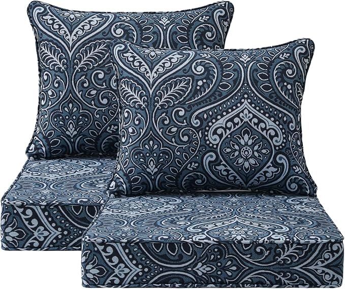 Unimatta Outdoor Patio Chair Cushions Set, 24" x 24", Set of 2, Water-Repellent, Fade Resistant, Deep Seat Bottom and Back Cushion for Backyard, Couch, Sofa and Patio Furniture, Damask Blue Flower