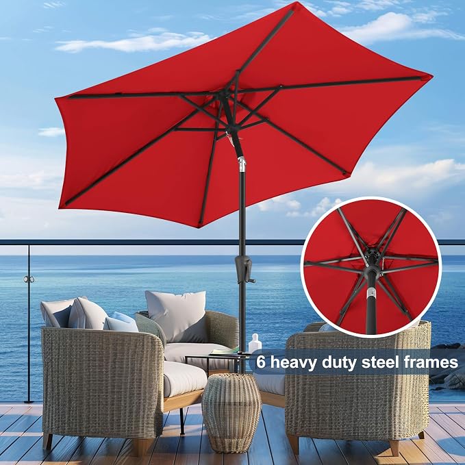 FLAME&SHADE 9ft Patio Umbrella Outdoor - Table Umbrella with Push Button Tilt and Crank, UV Protection, 6 Sturdy Ribs, Market Umbrella for Garden, Deck, Backyard, Lawn, Pool and Beach(Red)