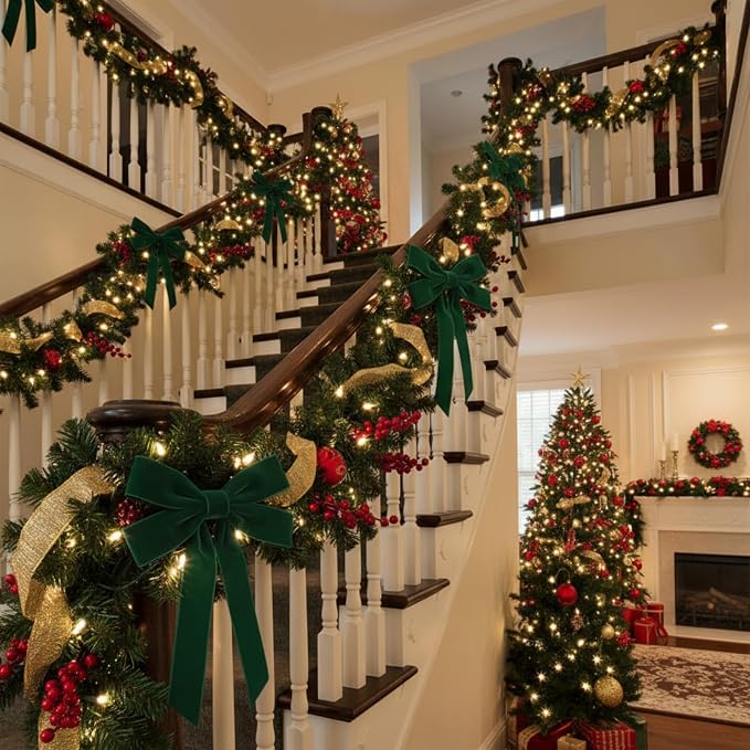 36 Pcs 20 Inches Christmas Garland Ties with Large Velvet Bows Decorative Reusable Twist Tie Bows for Banister Christmas Indoor Outdoor Holiday Wreath Decorations(Dark Green)