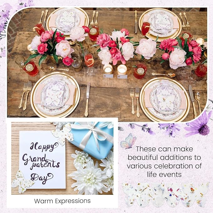 Dunzoom 50 Sets Wedding Gifts for Guests Butterfly Shaped Seed Paper Handmade Flower Petals Tags Plantable Wildflower Seed Paper Recycled Thank You Cards and Organza Bags for Bridal Party Favors