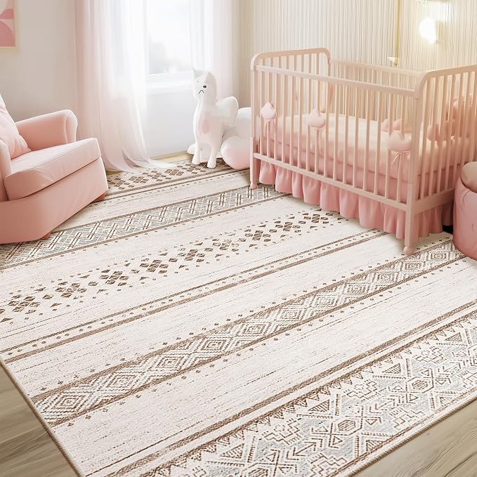 5x7 Washable Area Rugs for Living Room Boho Bedroom Rug Cream/Brown/Pink | Vacuum Friendly, Machine Washable, Non-Slip Rug, Stain Resistant, Moroccan Geometric, Low Pile Carpet, Dining Room Kitchen