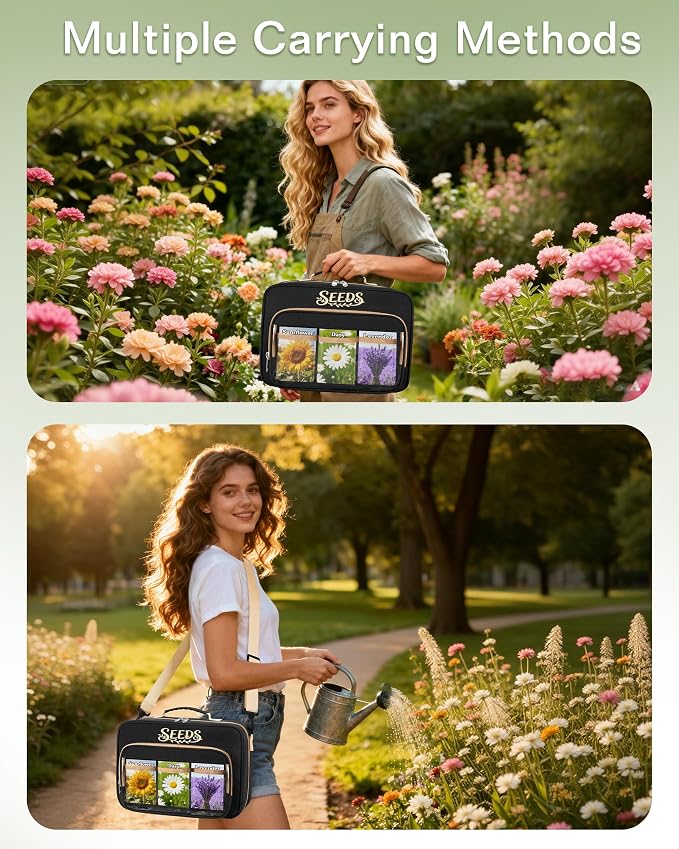 Seed Storage Organizer Binder with 20 Reusable Seed Envelopes | 30 Sheet Protectors Holds 120 Packets Envelopes, 1.5-Inch 3-Ring Binder, Handle & Adjustable Shoulder Strap,Ideal for Garden