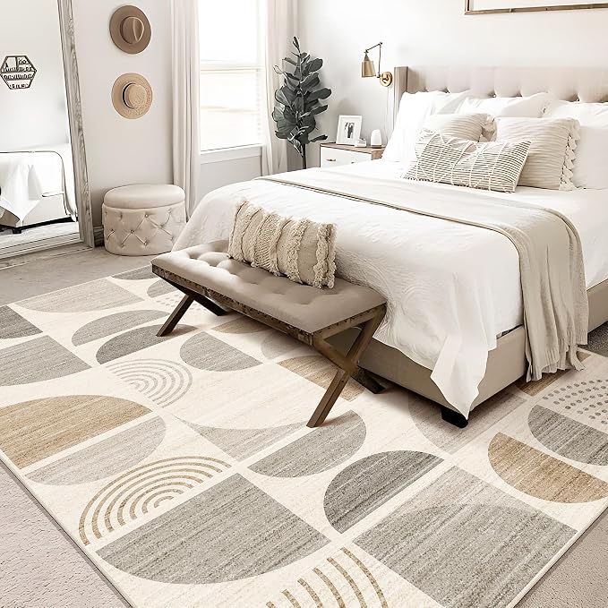 Area Rug 6x9,Washable Rugs Non Slip Modern Abstract Large | Throw Carpet for Living Room Bedroom Dining Room Boho Soft Low Pile Floor Indoor Bohemian Neutral Beige