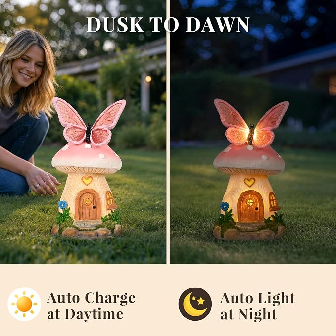 GIGALUMI Fairy Garden Houses Mushroom 9.3",Garden Statues,Fairy Houses for Outside, Butterfly House, Mushroom Decor for Yard, Patio and Birthday Gifts for Mom Women（Pink）