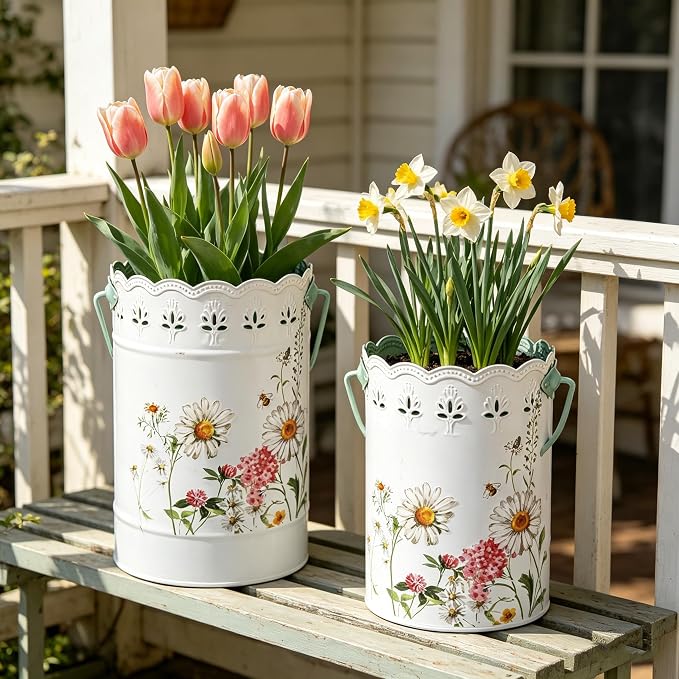 Set of 2 Farmhouse Floral Metal Flower Bucket Vase, Rustic Embossed Daisy Bee Design Planter with Hollowed-Edge, Decorative Pot for Indoor Outdoor Home Garden, Kitchen, Patio