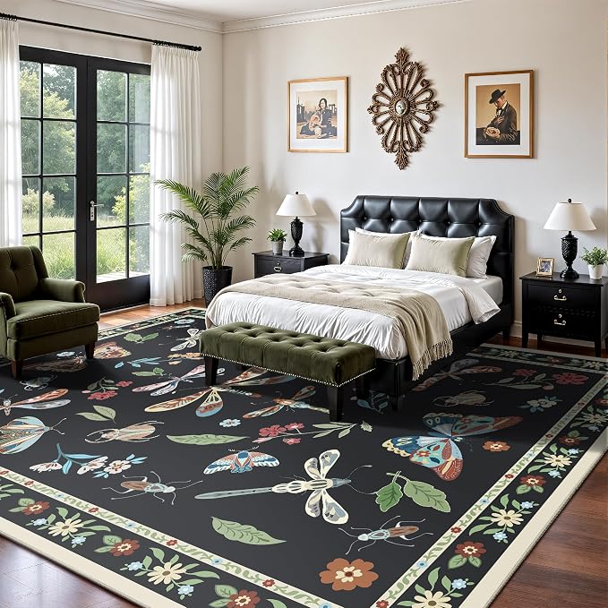 8x10 Area Rugs, Insect Ultra Soft Washable Rug Non Slip with Rubber Back, Stain Resistant Rugs for Living Room, Bedroom, Dining Room(Dark Black Butterfly)