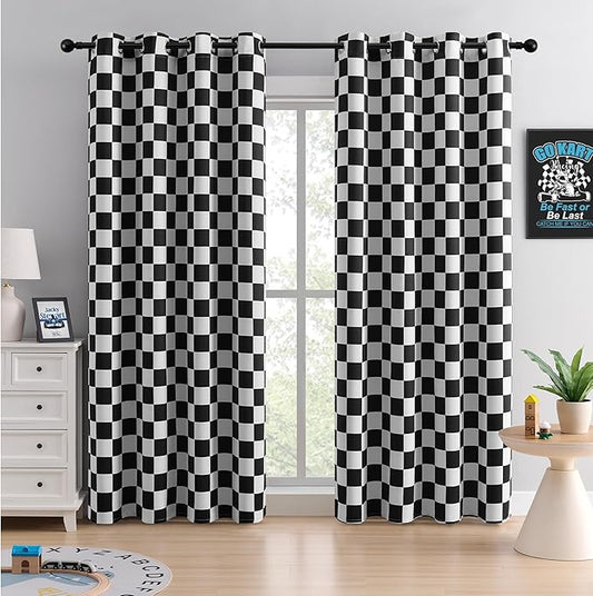 3-Inch Checkered Blackout Curtains, Modern Geometric Window Drapes, 100% Light Blocking, Thermal Insulated & Noise Reducing Curtains for Bedroom, Grommet Top 52 x 96 Inches, 2 Panels