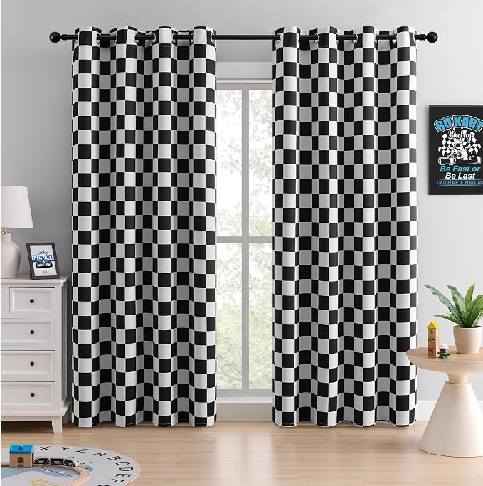 3-Inch Checkered Blackout Curtains, Modern Geometric Window Drapes, 100% Light Blocking, Thermal Insulated & Noise Reducing Curtains for Bedroom, Grommet Top 52 x 84 Inches, 2 Panels