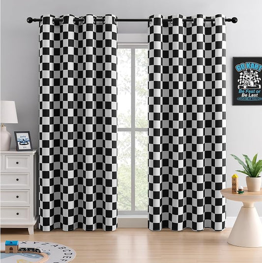 3-Inch Checkered Blackout Curtains, Modern Geometric Window Drapes, 100% Light Blocking, Thermal Insulated & Noise Reducing Curtains for Bedroom, Grommet Top 52 x 84 Inches, 2 Panels