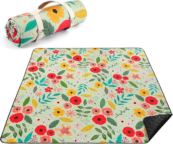 Tegeme Beach Picnic Blanket Floral Waterproof Outdoor Blanket 80''x80'' Extra Large Portable Sandproof Machine Washable 3 Layer Thick Gingham Picnic Mat for Beach Camping Park Grass(Green)