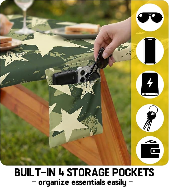 Picnic Table Cover with Bench Covers Waterproof Elastic Tablecloth Camping Essentials Gear Table Cloth Outdoor Glamping Cool Camping Gifts for Camper RV Owner Camping Lovers Family Couple Women Men