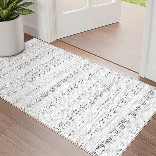 Nakagishi Boho 2x4 Washable Area Rug Non Slip Carpet for Entryway Gray | Pet & Kid Friendly, Machine Washable, Low Pile Carpet for Kitchen Hallway Daily Home Decor,Farmhouse Neutral Moroccan