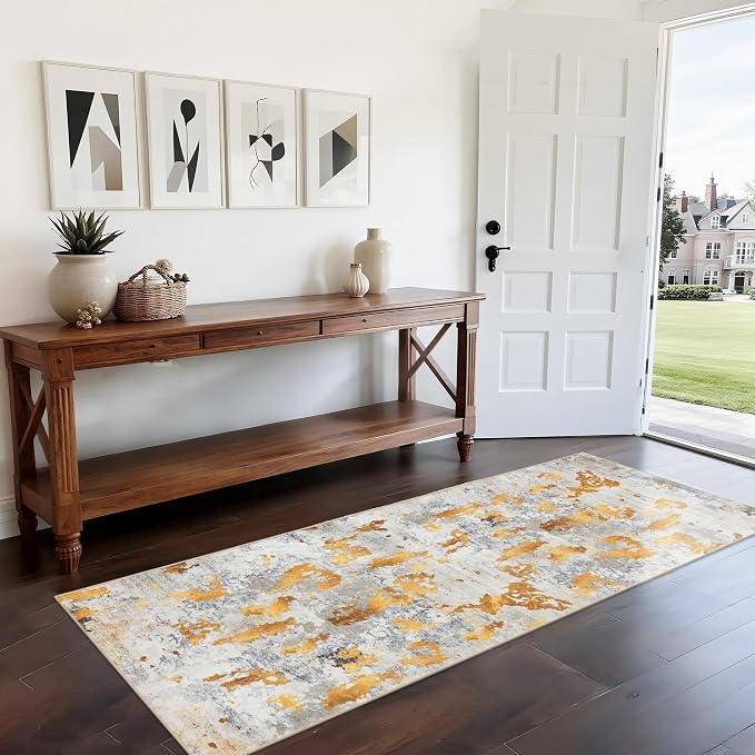 Gold Runner Rugs for Hallway: Abstract Washable Runner Rug 2x6 for Entryway Kitchen Bedroom Bathroom - Modern Cozy Home Decor Long Carpet Mat Stain-Resistant