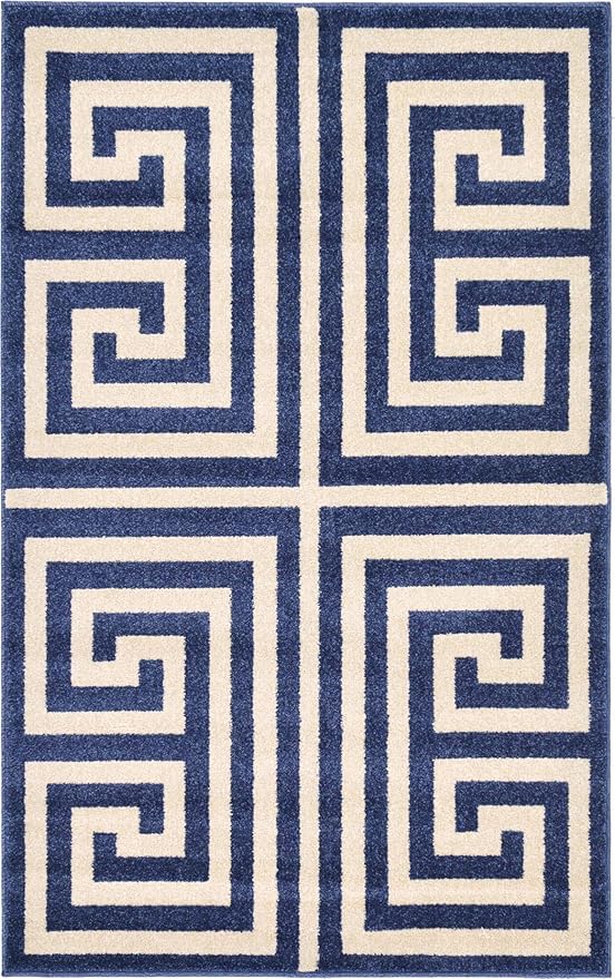 Unique Loom Athens Collection Classic Geometric Modern Border Design Area Rug (3' 3 x 5' 3 Rectangular, Navy Blue/ Beige)