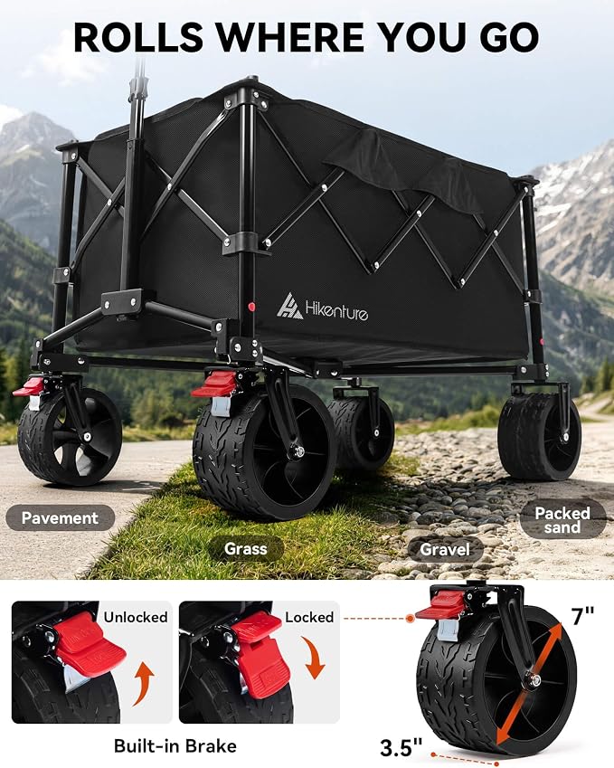 Hikenture Foldable Beach Wagon with Big Wheels for Sand, 330 lbs Capacity | Large wagon for beach, camping, sports & grocery hauling; Big wheels for sand & gravel; One-hand fold