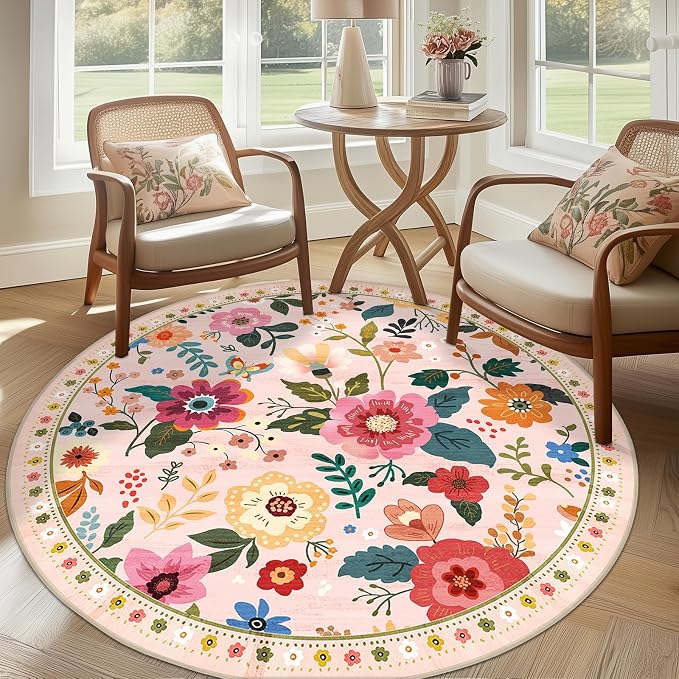 RELEANY Floral Washable Round 6ft Area Rug Pink | Flower Carpet, Print, Boho, Non-Slip, Easy to Clean, Soft, Low Pile for Living Room Bedroom Kitchen Office Entryway Hallway
