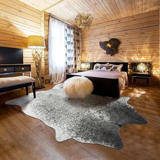 Faux Cowhide Rug for Living Room, 4.6 x 5.2 Feet Grey, Cow Print Skins Rug for Bedroom, Premium Faux Fur Animal Cow Hide Rugs Carpet for Western Decor