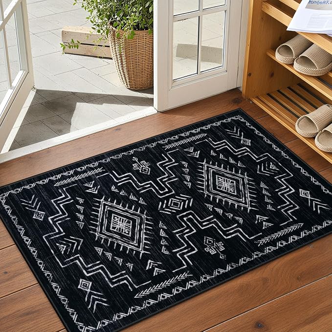 STARUIA Entryway Rug 2x3 Western - Door Mat Indoor Entrance Washable Rug, Black Aztec Tribal Classic Boys Non-Slip Low Pile Throw Rugs for Entryway, Kitchen, Front Door Indoor Entrance(Black 2'x3')