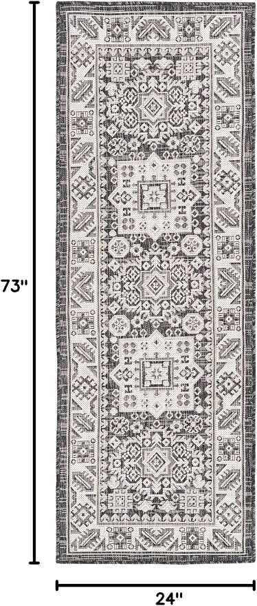 Unique Loom Outdoor Aztec Collection Area Rug - Chalca (2' x 6' 1" Runner, Charcoal Gray/ Ivory)
