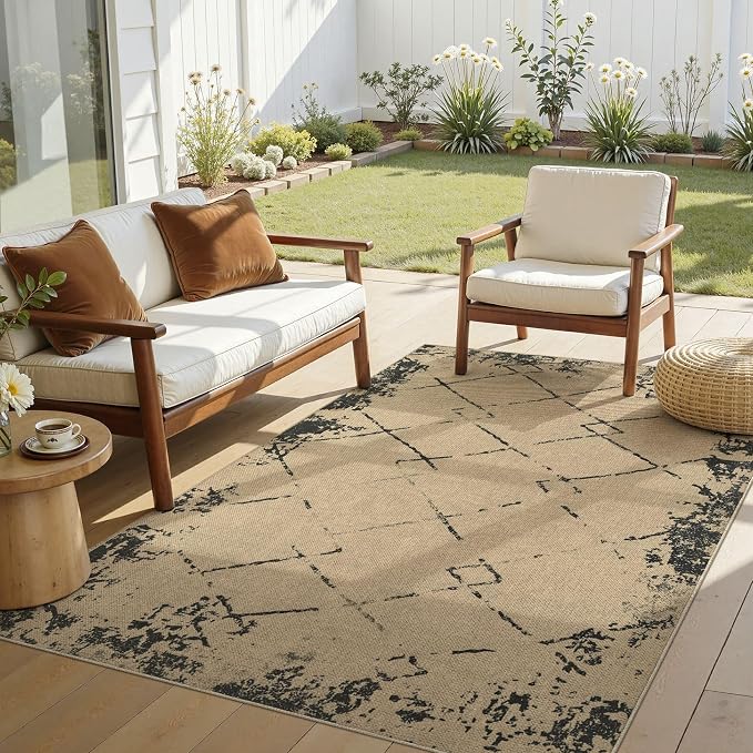UERMEI 4x6 Outdoor Jute Area Rug Patio Neutral Washable Modern Brown | Easy Non Slip Pet Friendly Indoor Farmhouse Carpet for Living Room Bedroom Dining Backyard