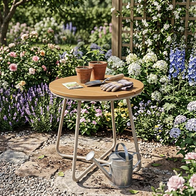 danpinera Outdoor Side Tables, HDPS Patio Table with Metal Legs | 18 Inch Outdoor Small Round Table for Garden, Backyard, Porch, Deck, Balcony, Poolside, Natural
