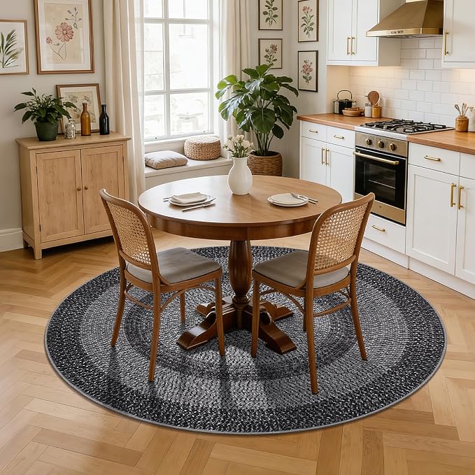 RUGSREAL Modern Bordered Round Area Rug 4ft Washable Bedroom Circle Rugs | Non Slip Stain Resistant Dining Room Round Throw Carpet Contemporary Circle Mats for Living Room Kitchen Nursery, Black