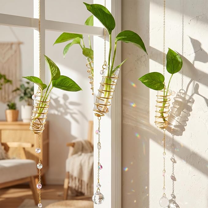 6Pcs Hanging Propagation Station with Crystal Ball Prisms Plant Suncatcher | Glass Wall Hanging Propagation Vases Crystals Prism Suncatchers Decor for Windows Home Wedding with a Cleaning Brush