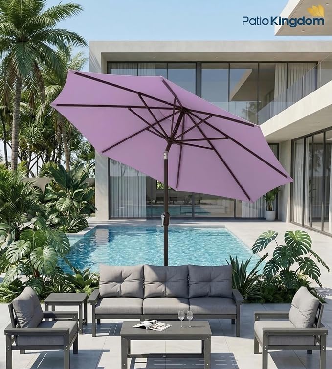 PatioKingdom 9FT Patio Outdoor Umbrella-UPF 50+ Sun Shade with Wind Vent, Push-Button Tilt & Smooth Crank Lift, Rust-Resistant Fiberglass Frame for Garden, Backyard,Yard (Taro Purple)
