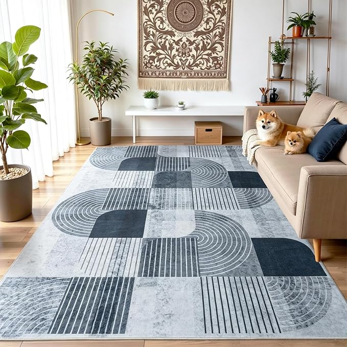 Washable Area Rugs for Bedroom Living Room 4x6 ft, Non-Slip Modern Rug | Stain Resistant, Low Pile, Soft Carpet Indoor Floor Boho Carpet for Kitchen Front Door Entrance Office Kids Room, Blue & Gray