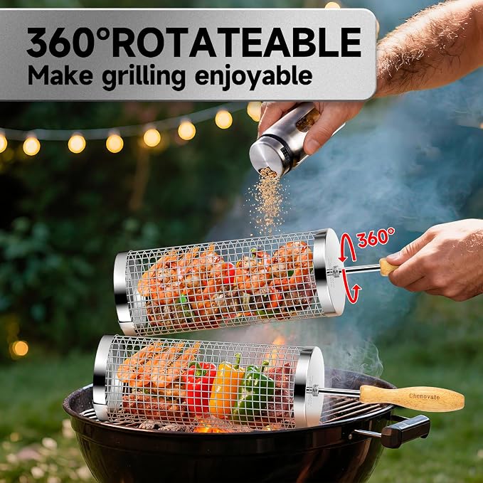 Chenovate® Rolling Grill Baskets,Gifts for Men,Removable Wooden Handle,304 Stainless Steel,Grilling Accessories for Veggies,Smoker BBQ Tools,Grilling Gifts for Birthday Festival Anniversary —2 Pack