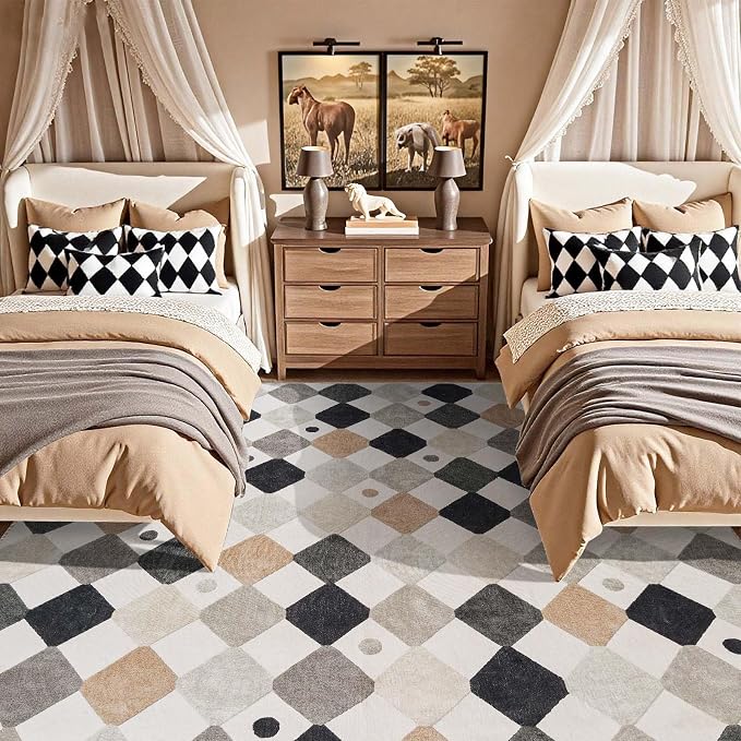 jinchan 8x10 Kids Playroom Rug Washable Diamond Nursery Play Mat Marble | Soft, Non-Slip, Cute, Kid-Friendly, Checkered Geometric, Black White on Cream, Classroom, Living Room, Bedroom, Dorm, Daycare