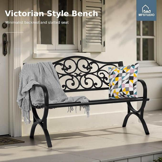 MFSTUDIO 50 Inches Outdoor Garden Bench, Cast Iron Metal Frame Patio Park Bench with Floral Pattern Backrest, Arch Legs for Porch Lawn Garden Yard(Black)