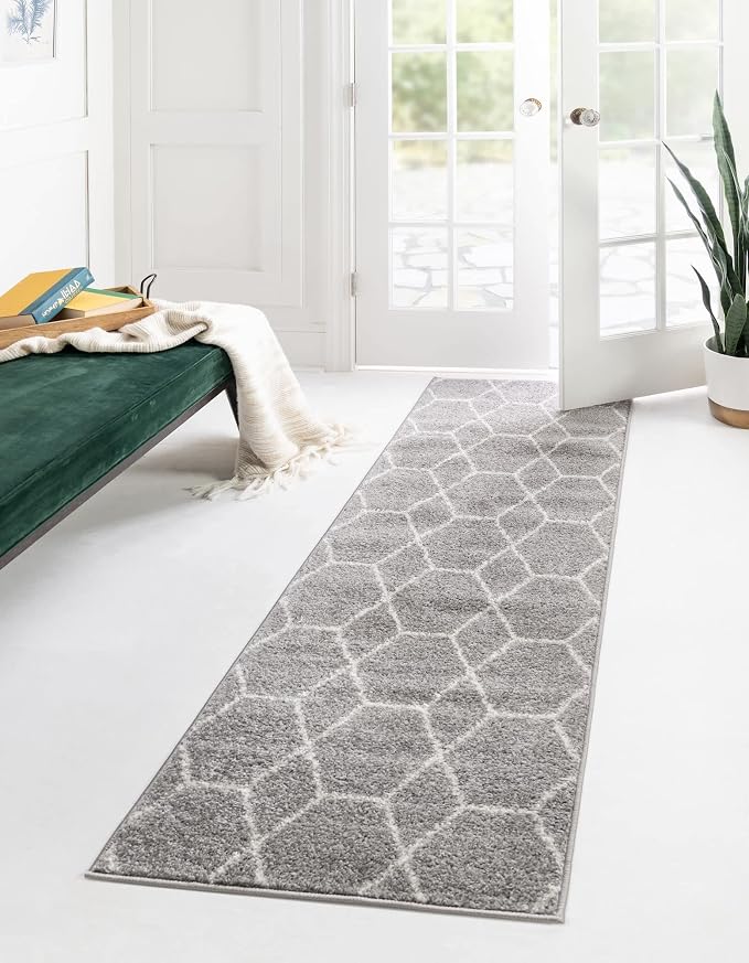 Unique Loom Trellis Frieze Collection Area Rug - Geometric (2' x 10' Runner, Light Gray/ Ivory)
