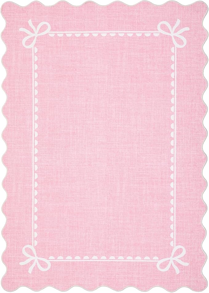 GarveeHome Scalloped Bow Rug 3x5 Washable Pink Rugs for Bedroom Living Room | Non Slip Soft Low Pile Indoor Carpet for Nursery Girls Bedroom Decor Hallway Kids Room College Dorm Playroom