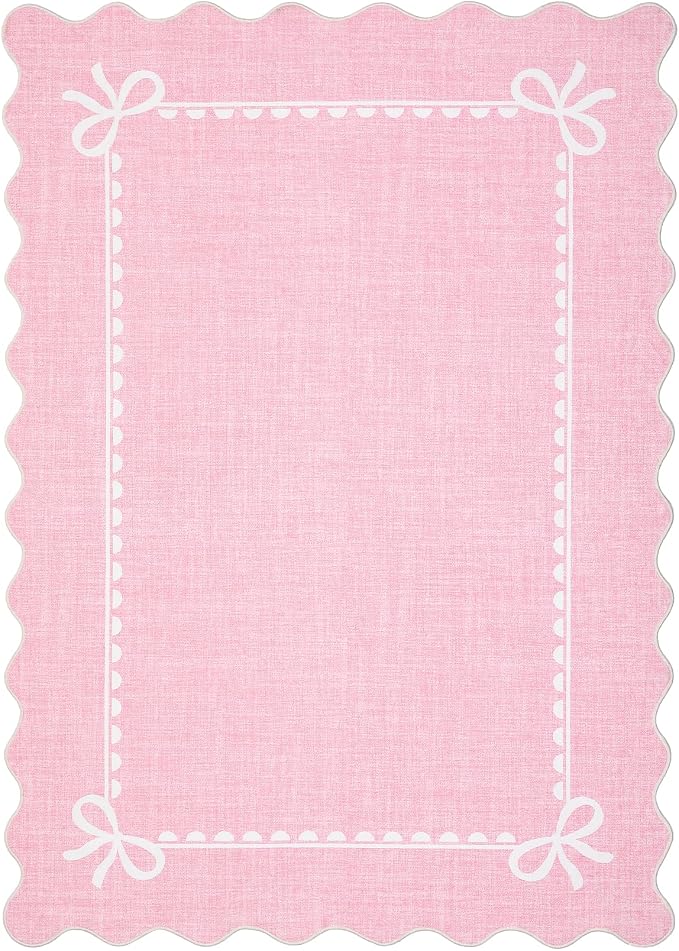 GarveeHome Scalloped Bow Rug 8x10 Washable Pink Rug for Bedroom Living Room | Non Slip Soft Low Pile Indoor Large Carpet for Nursery Girls Bedroom Decor Hallway Kids Room College Dorm Playroom