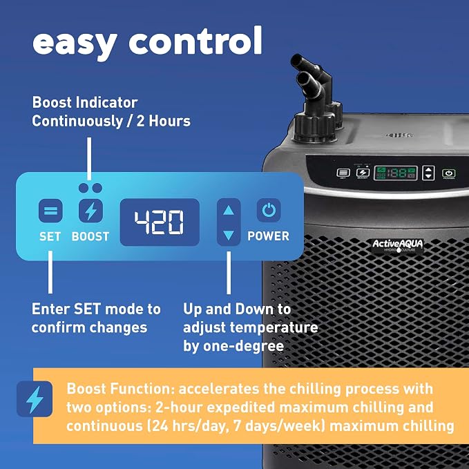 Active Aqua 0.5 HP Water Chiller with Boost | Cold Plunge & Ice Bath Cooler | Rapid Digital Temp Control | Fresh & Salt Water, Hydroponics, Aquariums | 90–172 Gal (0.5 HP) | 172 gal Capacity, 4020 BTU Per Hour, Titanium Evaporator, 120 V 510 W, Digital...