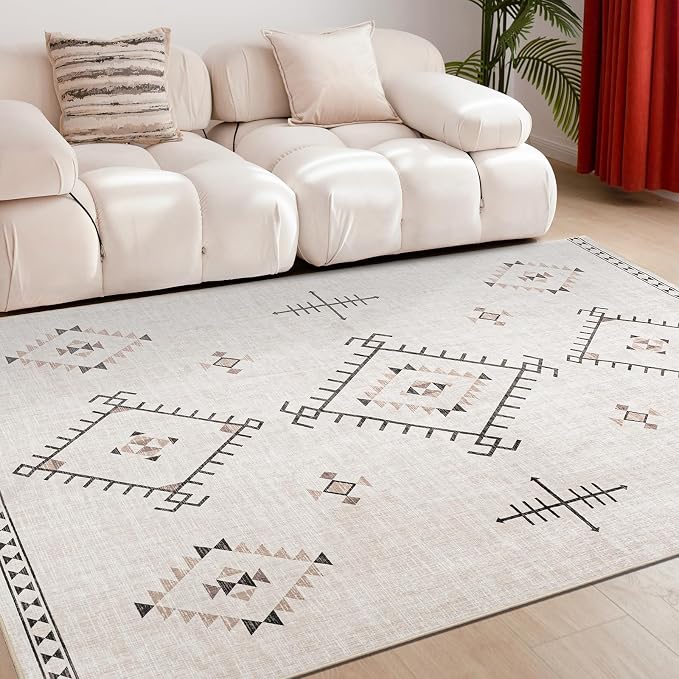 ILANGO Area Rug 3'x5' for Living Room Bedroom Washable Moroccan Boho Rugs for High Traffic Area Non Slip & Non-Shedding Rugs Fade Resistant Carpet for Doorway Entryway Kitchen Laundry (Beige)