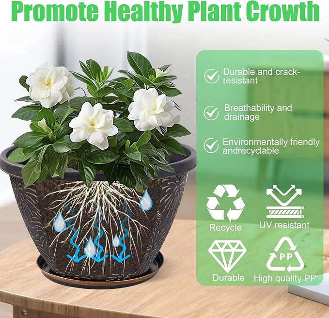 Nooulap 4 Pack 12 Inch Plant Pots with Drainage Holes and Saucers, Large Plastic Flower Pots for Outdoor Indoor Medium Planters, Shrubs Home Garden Patio Decor, Antique Gold Firework Embossed Design