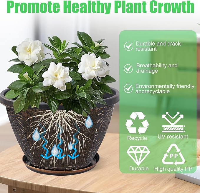Nooulap 4 Pack 10 Inch Flower Pots with Drainage Holes and Saucers, Plant Pots for Indoor Outdoor Plants,Antique Gold Firework Embossed Plastic Planters for Balcony Patio Porch Garden Decor