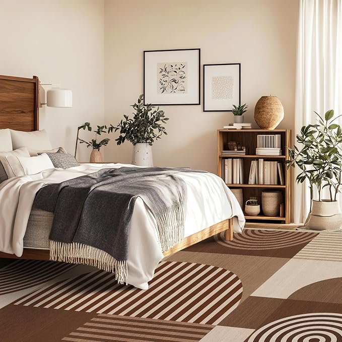 9x12 Area Rug for Living Room Brown Geometric Rug Machine Washable Minimalist Line Mid Century Modern Area Rugs Non Slip Low Pile Large Dining Room Indoor Floor Carpet for Bedroom Office,Brown