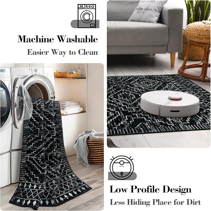 Wonnitar Moroccan Washable Rug 4x6, Black Boho Living Room Area Rug, Non-Slip Farmhouse Bedroom Carpet Dorm Room Throw Rug, Low Pile Soft Accent Mat for Kitchen Entry Office (Black,4'x6')