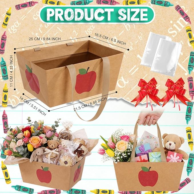 Qinyoung 12 Pcs Apple Kraft Baskets for Gifts Empty Teacher Appreciation Gift Basket with Handles, Pull Bows, Cellophane Bags and Twist Ties for CNA Teachers Week & Back to School Events, 9.8x6.5''