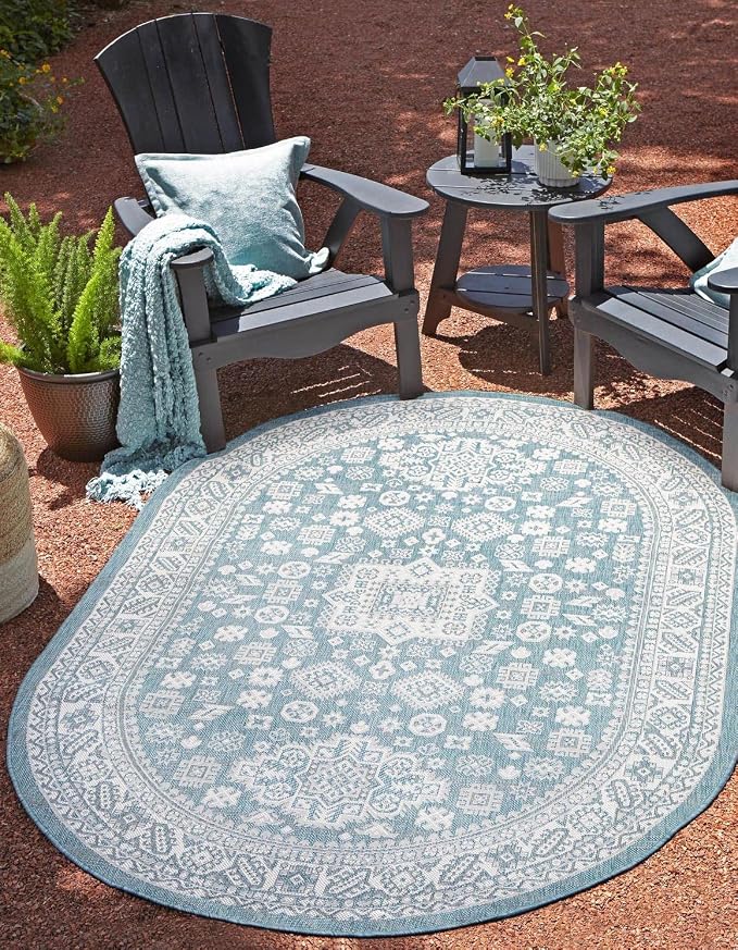 Unique Loom Outdoor Aztec Collection Area Rug - Chalca (7' 10" x 10' Oval, Aqua/ Ivory)