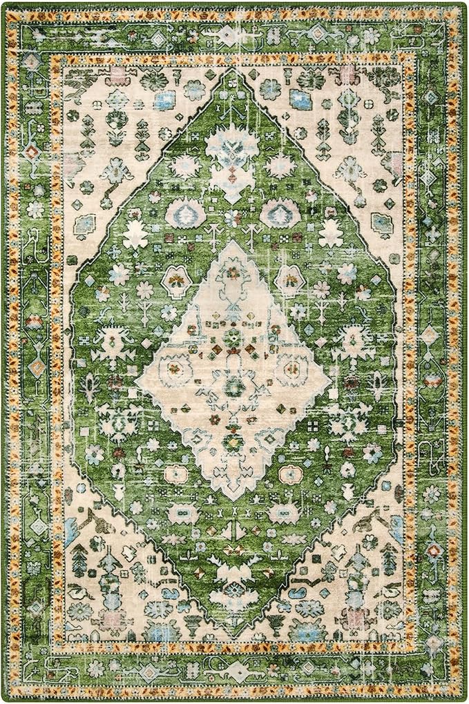 Lahome Felice Boho Tribal Area Rug, 2x3 Small Green Rug for Entryway, Soft Non Slip Washable Bathroom Mat Bohemian Low Pile Indoor Floor Door Carpet for Entryway Chair Bedroom Living Room, Green